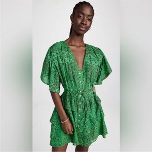 Ro’s Garden Green Dulce Dress Cotton Floral Geometric Tie Waist